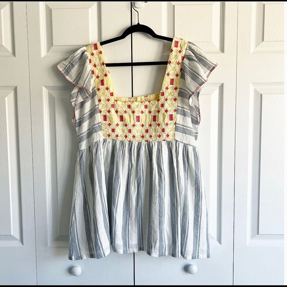 Anthropologie Forever That Girl Blue Embroidered Tunic Blouse Women's Size 10